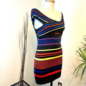 NWT Wow Couture Multi Color Stripe Bodycon Stretch Mini Dress Large